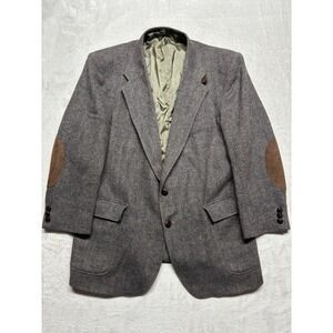Vintage Barrington Pure Wool Blazer 46R Elbow Patches Herringbone Chin Strap